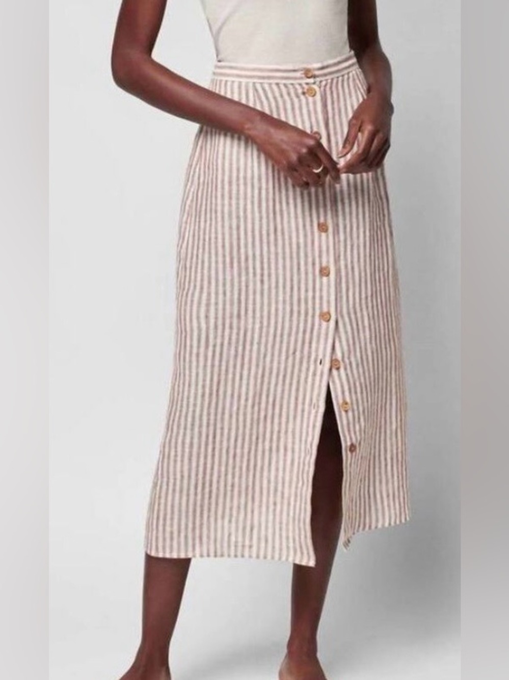 Faherty Cream and Tan Striped Button-Front Midi Skirt